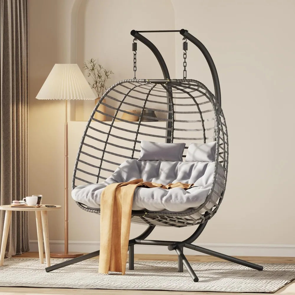 Double Hanging Egg Chair wth Stand, Patio Hammock Swing Chair with Cushion Loveseat for Bedroom, Balcony, Garden, Indoor,