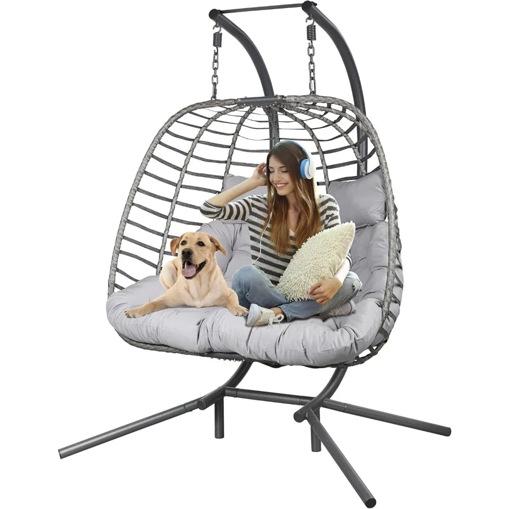 Double Hanging Egg Chair wth Stand, Patio Hammock Swing Chair with Cushion Loveseat for Bedroom, Balcony, Garden, Indoor,