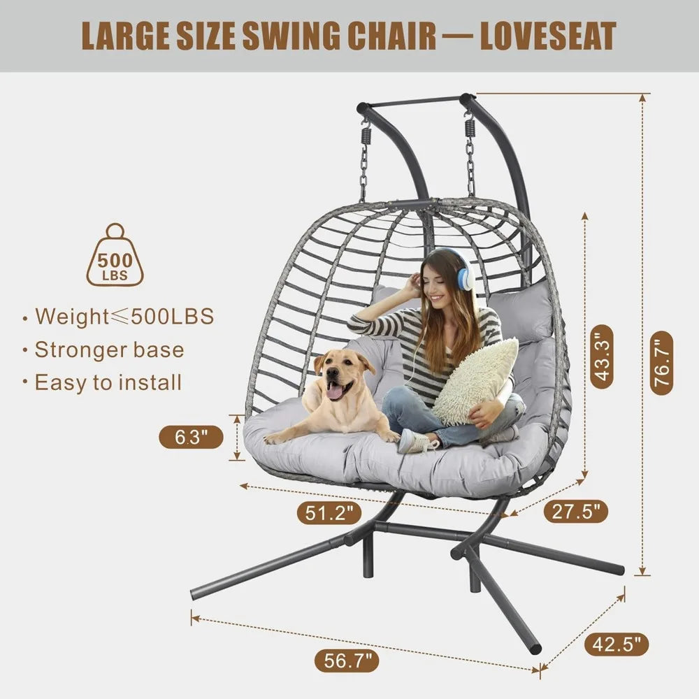 Double Hanging Egg Chair wth Stand, Patio Hammock Swing Chair with Cushion Loveseat for Bedroom, Balcony, Garden, Indoor,