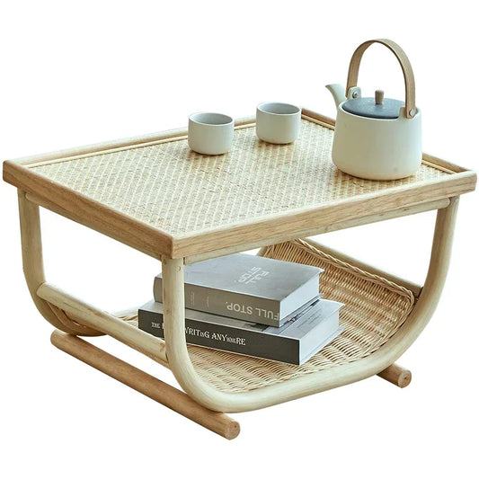 Japanese Style Bay Window Side Table Solid Wood Rattan Woven Low Tables Bedroom Floor Tatami Desk Small Size Apartment Furniture